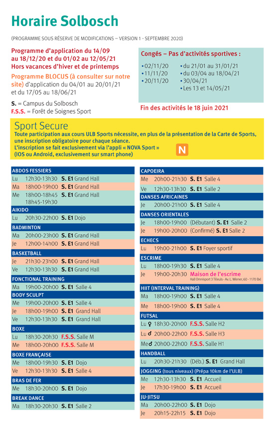 Ecole De Sports De L Ulb Asbl Ulb Sports Grilles Des Programmes