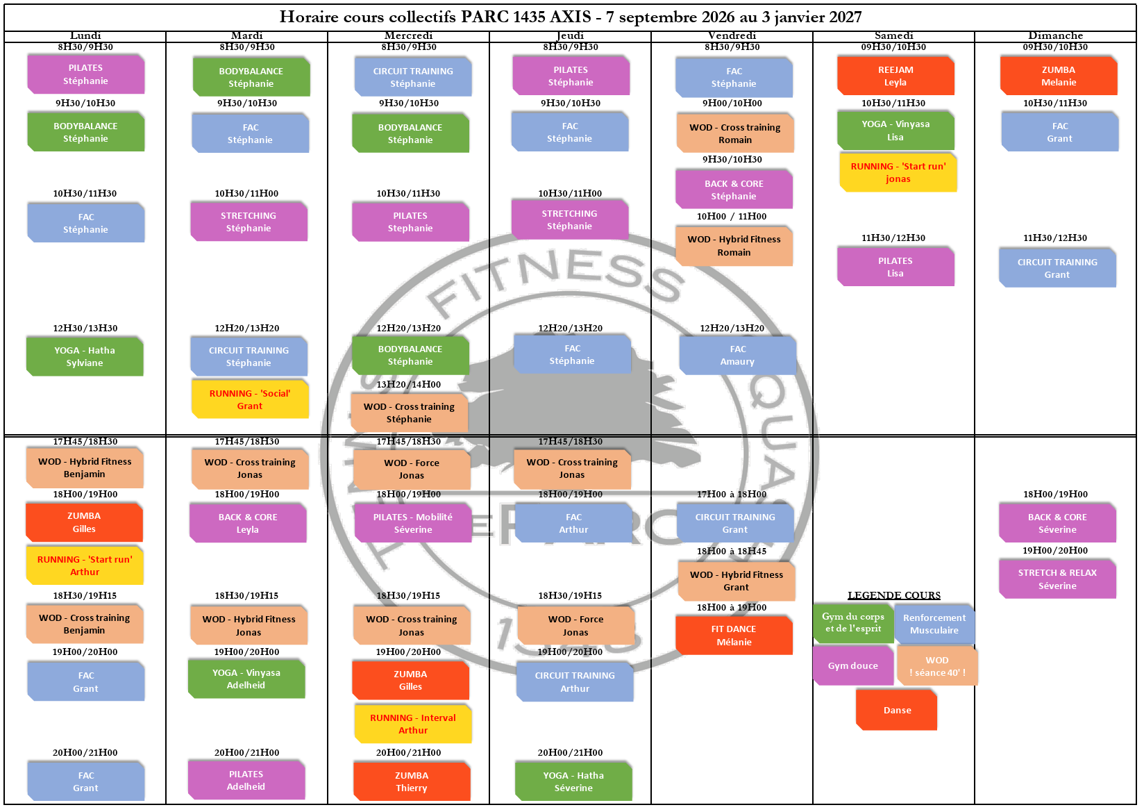Grille horaire des cours collectifs Parc 1435 Axis