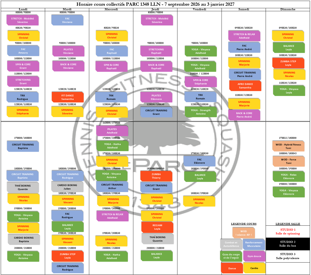 Grille horaire des cours collectifs Parc 1348